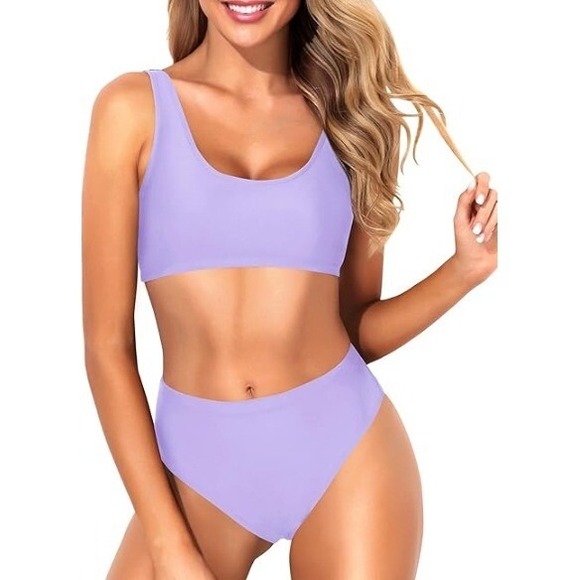 Tempt Me High Waisted Bikini Swimsuit Sporty Two Piece‎ Lavender Purple Pastel S - Picture 1 of 7